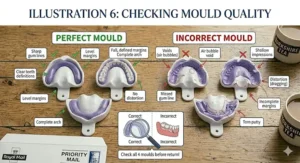 A comparison guide between a perfect dental mould with clear gum lines and an incorrect mould with air bubbles and voids.