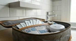 Alt text for image 9: A travel-ready wash bag packed with aligner cleaning crystal sachets, positioned in a bright bathroom for a lifestyle perspective.