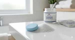 Individual foil-wrapped cleaning tablets and a portable soaking case packed in a travel bag, ideal for UK commuters and holidays.
