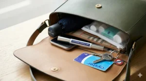 A highly detailed 4K illustration of a stylish open handbag containing a teeth whitening pen alongside an Oyster card and daily commuter essentials.