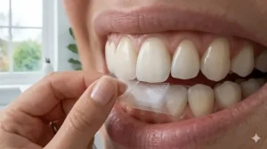 Extreme close-up of a person applying a thin whitening strip to their front teeth, demonstrating the targeted application and texture of the product.