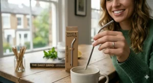 A person using a reusable metal straw to drink coffee, a common UK lifestyle tip to prevent staining after a whitening treatment.