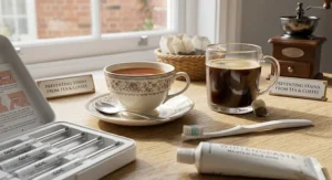 A cup of English breakfast tea and coffee next to a toothbrush, illustrating how to maintain cheap teeth whitening results.