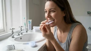 A high-detail 4K photorealistic photograph of a British woman carefully applying desensitising toothpaste to her lower front teeth with a clean fingertip, consistent with a natural light bathroom setting.