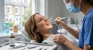 A UK dental hygienist in a surgery using professional air-flow polishing equipment to remove stubborn coffee stains from a patient’s teeth.