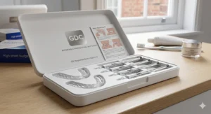 A dentist-approved professional home teeth whitening kit with custom trays and gel for budget-friendly results.