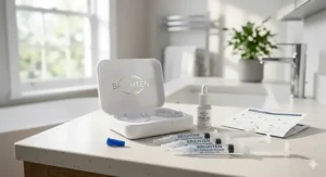 Close-up of a professional home teeth whitening set including a white storage case, clear bespoke trays, labelled whitening gel syringes, and a relief gel bottle.