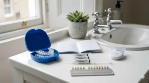 A high-detail 4K photorealistic photograph of a professional shade guide being used by a gloved dental clinician in a UK dental practice to assess tooth discolouration against a reference model, illuminated by soft natural light.