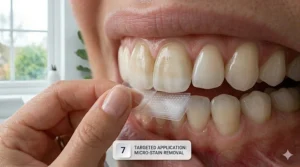 Close-up illustration of whitening strips being used for targeted micro-stain removal, ideal for treating common British tea and coffee discolouration.