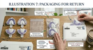 Instructions for sealing completed dental moulds in a clear bag before placing them in a prepaid Royal Mail return envelope.
