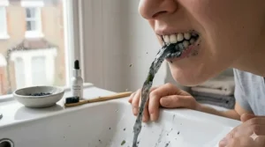 A person rinsing their mouth at a white ceramic sink as the charcoal powder washes away to reveal a cleaner smile.