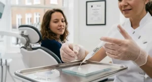 Close-up of a GDC registered dental professional preparing a whitening treatment to ensure safety and quality.