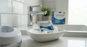 Alt text for image 8: Crystal clear dental aligners resting in a ceramic dish next to a product sachet, demonstrating sanitised and odour-free results.