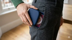 A compact matte blue orthodontic aligner case being tucked into the pocket of grey wool trousers for easy travel.