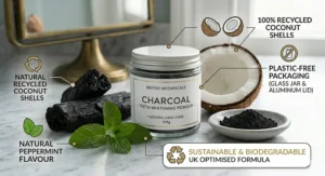 An eco-friendly jar of charcoal powder with callouts for plastic-free packaging and 100% recycled coconut shell ingredients.