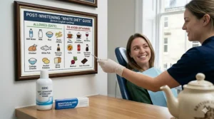 A high-detail 4K photorealistic photograph of a British woman in a UK dental surgery as a dentist points to an educational diagram detailing the "post-whitening white diet" and foods to avoid, such as tea and curry.