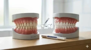 A high-resolution comparison illustration of two realistic dental models, showing significantly whiter teeth and healthy gums after using a whitening pen.
