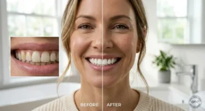 Side-by-side comparison showing the natural-looking whitening results achieved by a patient using a professional home treatment.