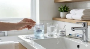 A visual comparison of a solid blue round cleaning tablet next to a pile of fine white cleaning crystals on a clean bathroom surface.
