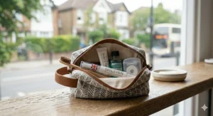 An on the go whitening pen placed inside a travel wash bag with a toothbrush and dental floss for travel convenience.