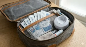 Alt text for image 7: A top-down view of a stylish travel wash bag containing individual sachets of aligner cleaning crystals and a retainer case.