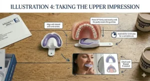 Diagram showing the correct alignment and firm upward pressure required for an upper teeth home impression.