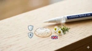 A photorealistic macro illustration of enamel-safe ingredients, including chamomile and calcium phosphate, used in a British-formulated teeth whitening pen gel.
