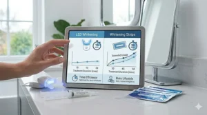 An infographic on a tablet comparing treatment times, showing 15-minute LED sessions versus 30-minute whitening strip applications for busy British lifestyles.