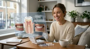 A woman in a London flat smiling while reviewing her whitening progress next to a professional kit and a cup of tea.