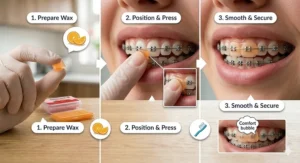 A photorealistic three-step diagram illustration showing how to prepare, position, and smooth a piece of orange-flavoured wax over metal braces, featuring detailed texture and helpful icons in a naturally lit setting.