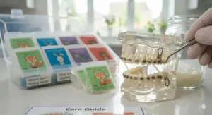 A clear dental model demonstrating fixed metal braces, with a gloved hand using a professional scaler tool to highlight the small bracket hook where the rubber bands attach to correct a patient's bite.