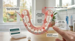 A dental map highlighting common areas where British orthodontic patients experience rubbing, such as molar hooks and protruding wires.