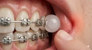 A cross-section illustration showing how unscented braces wax creates a smooth protective barrier between sharp metal wires and the inner cheek.