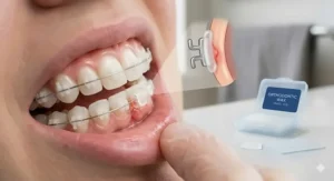 Diagram showing how orthodontic wax creates a smooth barrier between braces and the inner cheek.