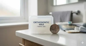 A pocket-sized container of braces wax compared to the size of a standard British 50p coin.