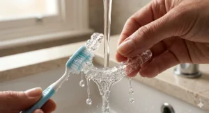 Close-up of a hand gently brushing a retainer with a soft toothbrush under running tap water.