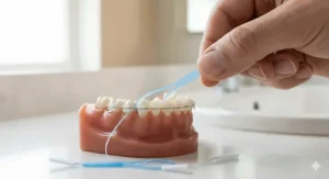 A step-by-step technique diagram showing dental floss being guided under the wire and then curved into a strict C-shape against the side of the tooth surface.