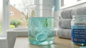 Side-by-side comparison showing a cloudy retainer vs one cleaned with an antibacterial retainer soak.