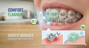 A 4K photorealistic diagram illustration in a modern UK kitchen setting, demonstrating how comfort wax applies over a sharp brace bracket to create a protective barrier that reduces irritation for children.