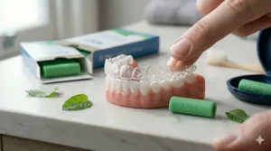 A smiling patient wearing clear aligners, demonstrating the comfortable fit achieved by using mint flavoured chewies regularly.