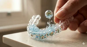A side-by-side comparison illustration showing a stained, cloudy aligner next to a bright, clean retainer washed with Polident.