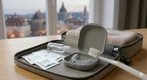 A white manual toothbrush resting across a grey travel washbag containing clear orthodontic aligners and wrapped cleaning tablets.