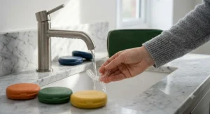 A set of clear orthodontic retainers resting safely inside a stylish, hard-shell colourful retainer case.