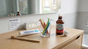 A photorealistic close-up photograph of a detailed daily orthodontic cleaning routine set on a light wood vanity, including interdental brushes, a bamboo toothbrush, and mouthwash.
