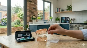 A hand applying a piece of clear orthodontic relief wax from a small case onto a dental brace model, next to an open braces care kit pouch.