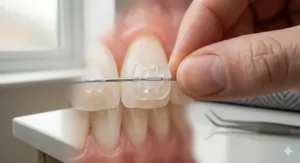 Close-up of clear, medical-grade braces wax applied to a tooth, showing its near-invisible appearance.