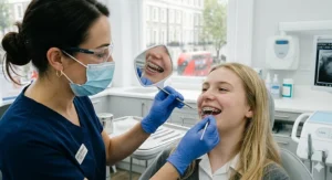 Close-up illustration of a double-sided orthodontic inspection mirror highlighting its reflective surfaces for hard-to-reach angles.