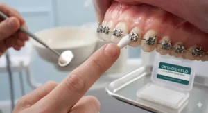 A diagram showing a cotton bud drying a metal bracket on teeth to ensure the unscented wax adheres properly.