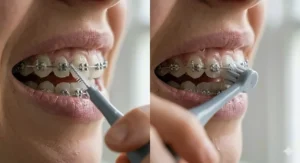 Alt text for image 3: A detailed close-up illustration of the pressure sensor feature, with a red warning light illuminating on the toothbrush handle to protect gums while cleaning braces.