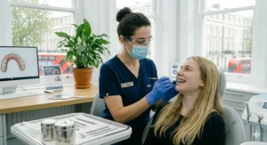 An orthodontic inspection mirror featuring a textured, ergonomic handle for a secure grip by dental professionals.